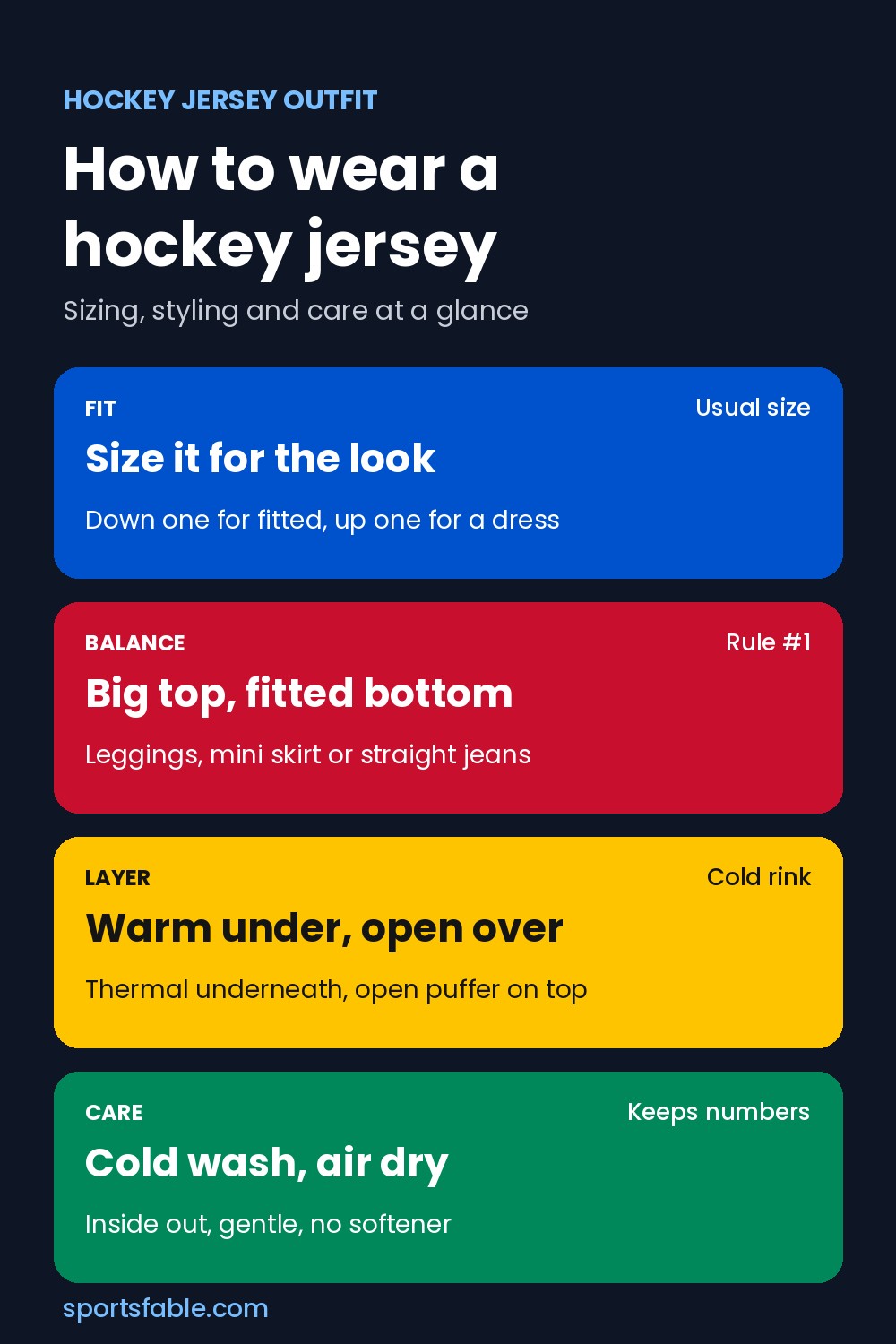 Hockey jersey outfit cheat sheet graphic covering sizing, balancing a big jersey, layering for a cold rink and washing