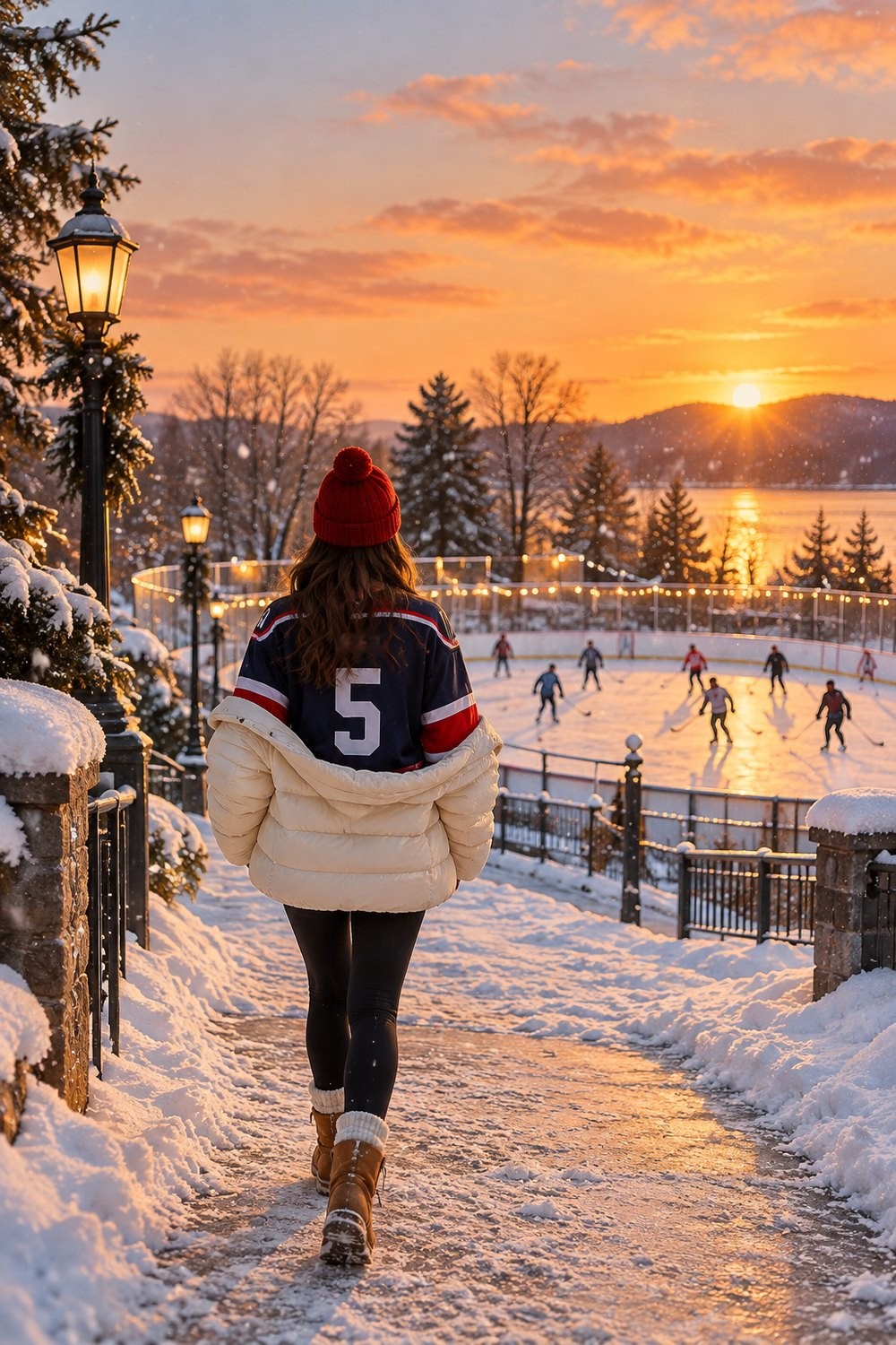 Winter hockey jersey outfit: woman seen from behind in a navy jersey under an open cream puffer and red beanie walking to an outdoor rink