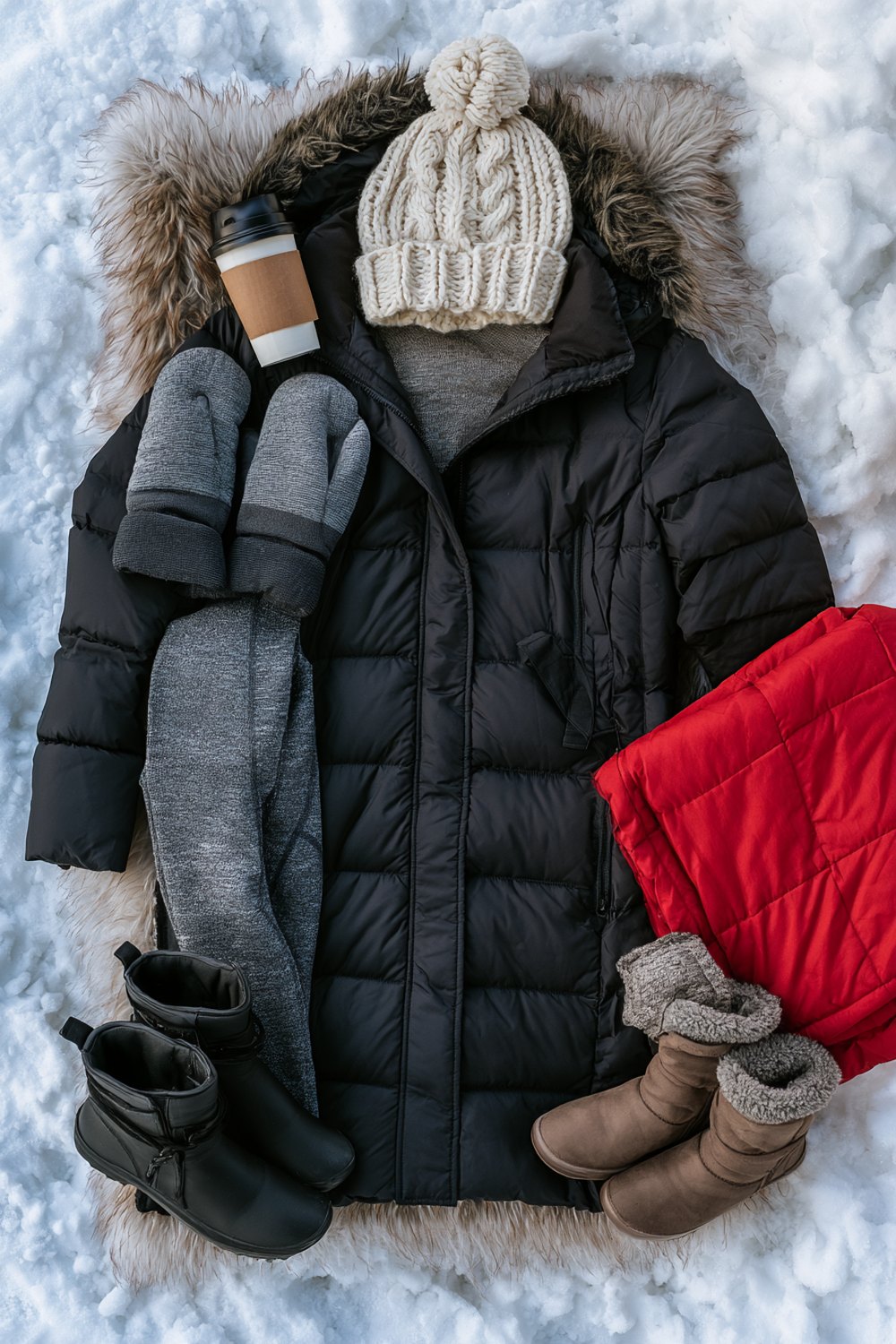 Hockey mom outfits flat lay with a long black puffer coat, cream knit beanie, mittens, coffee tumbler and warm boots