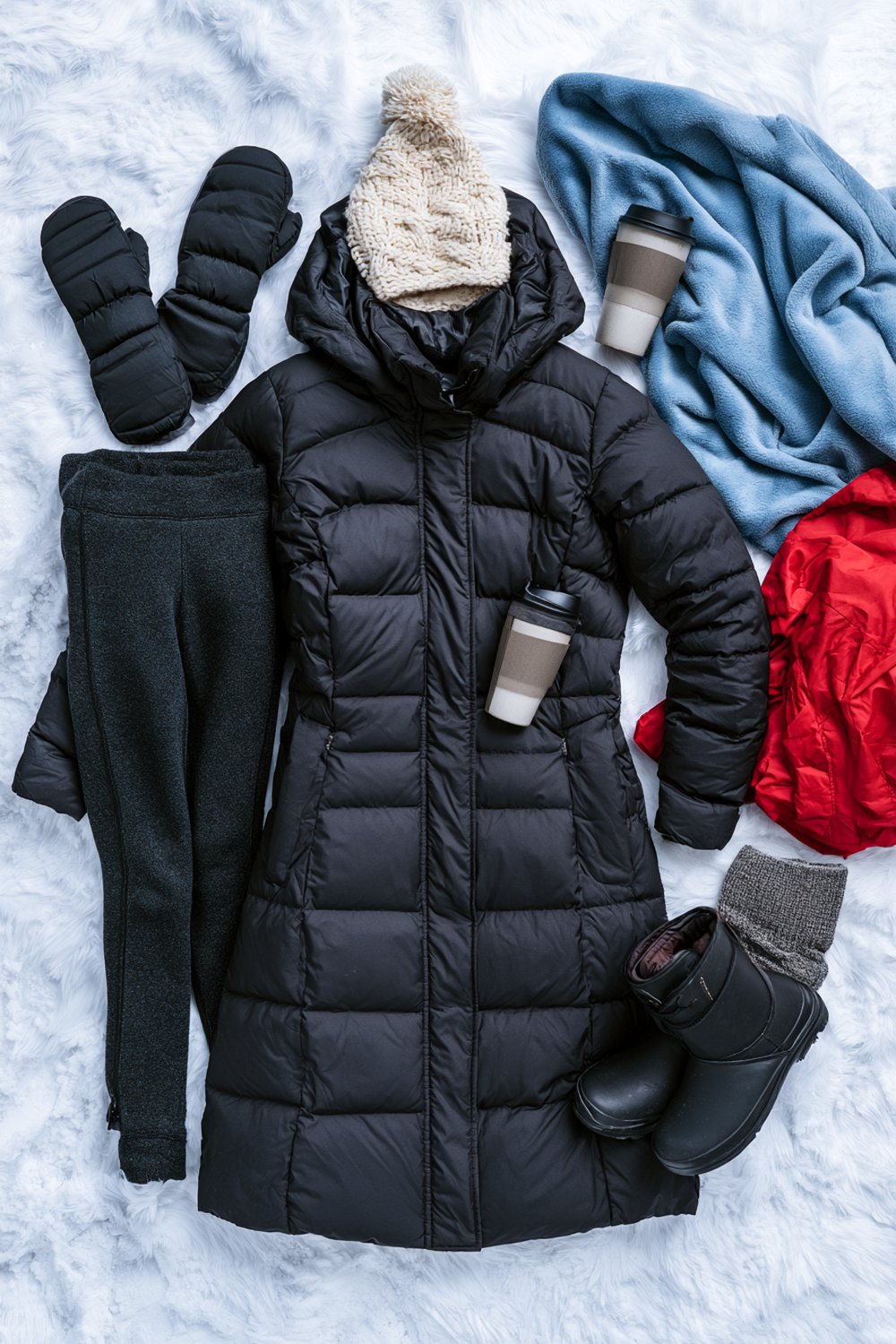 Cozy hockey mom kit with a long down coat, black leggings, mittens, tumbler, boots and blankets