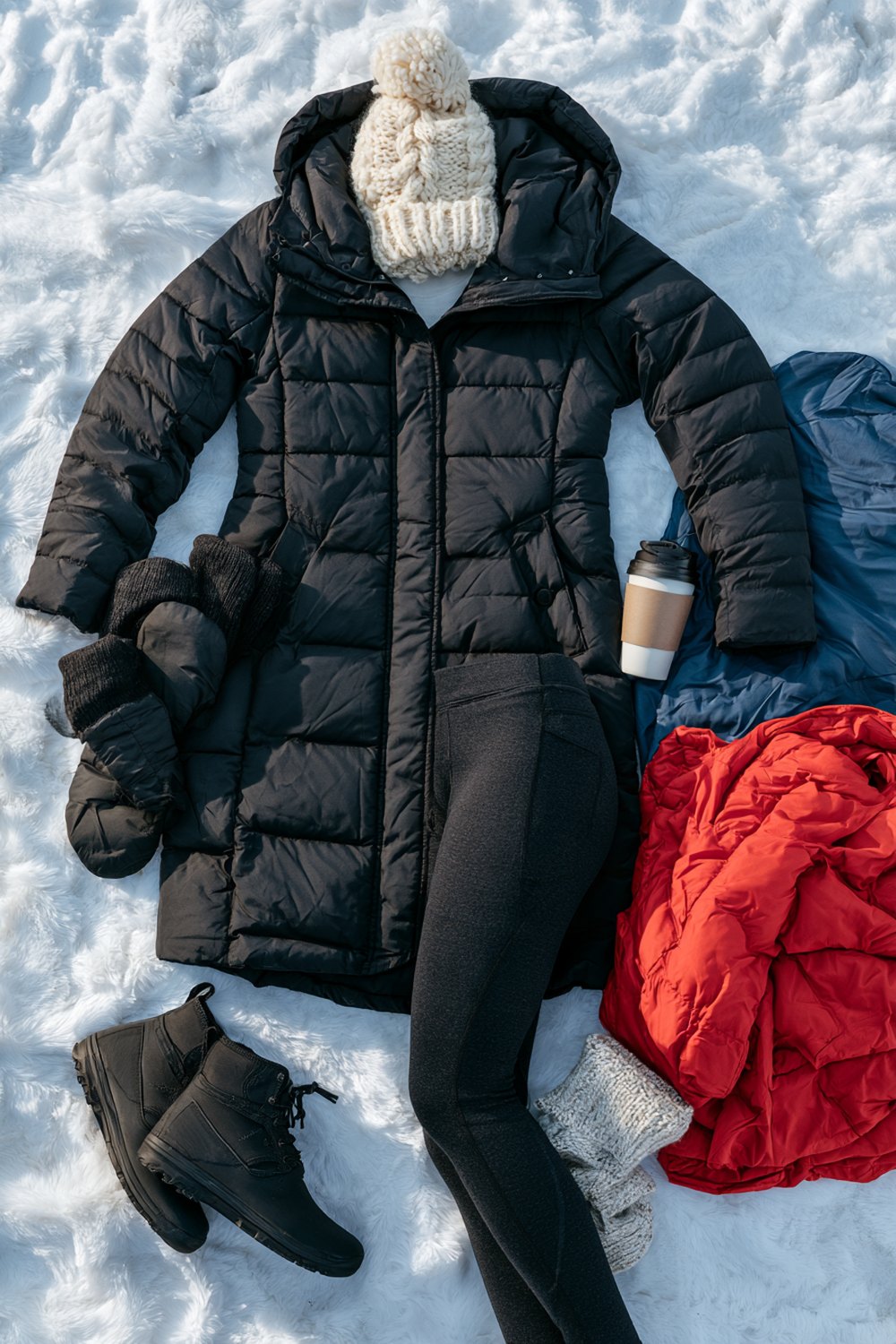 Rink-ready layers: black puffer, fleece-lined leggings, mittens, wool socks, ankle boots and a red blanket