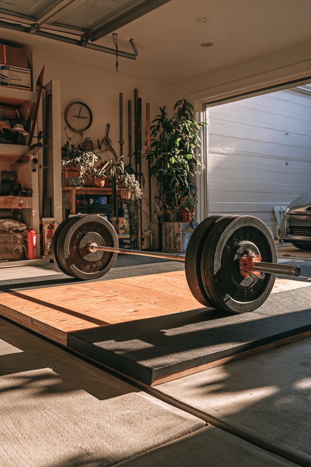Home deadlift platform with a plywood center and rubber sides under a loaded barbell in a garage
