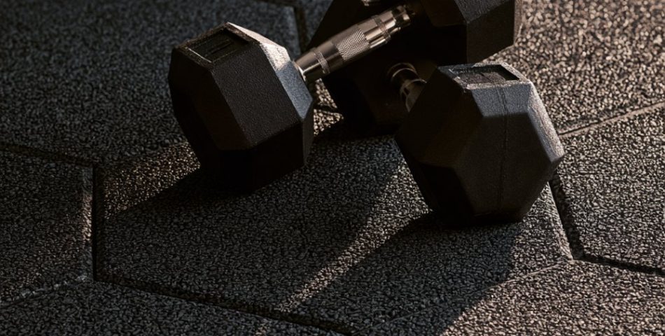 Black interlocking rubber floor tiles with a pair of hex dumbbells resting on them