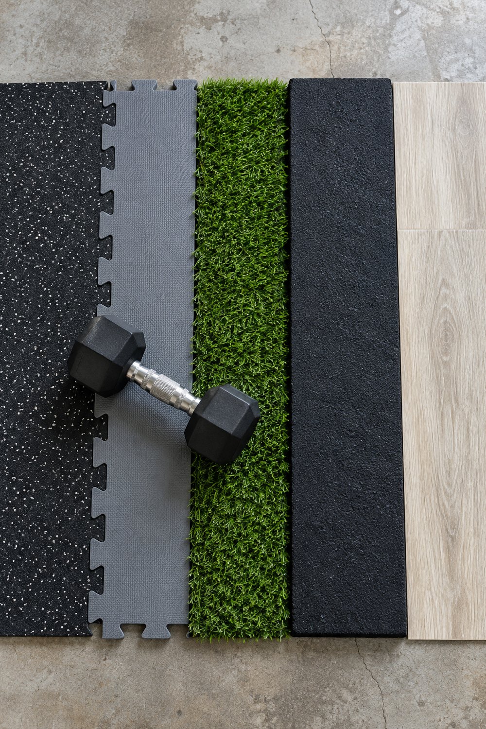 Samples of rubber tile, foam puzzle mat, turf, stall mat and vinyl plank laid side by side with a dumbbell