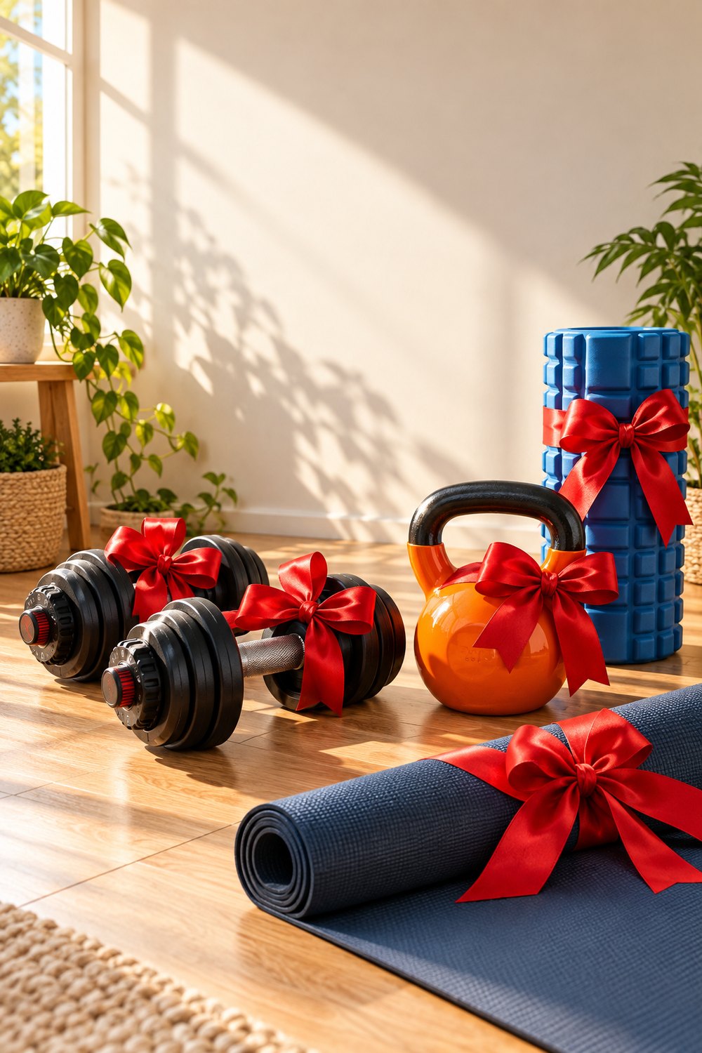Home gym gift ideas: adjustable dumbbells, orange kettlebell, foam roller and yoga mat tied with red bows in a sunny room