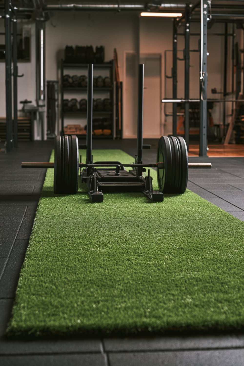 Green turf flooring lane with a weight sled between rubber flooring in a home gym