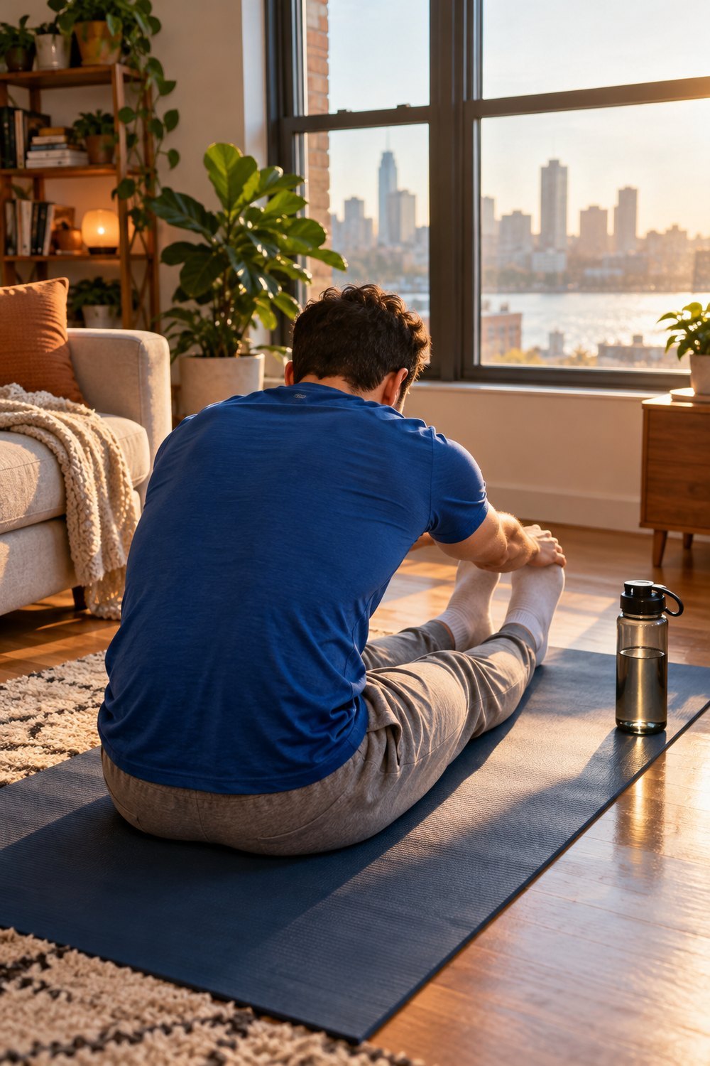 Man in a blue t-shirt doing a seated hamstring stretch on a yoga mat by a large window