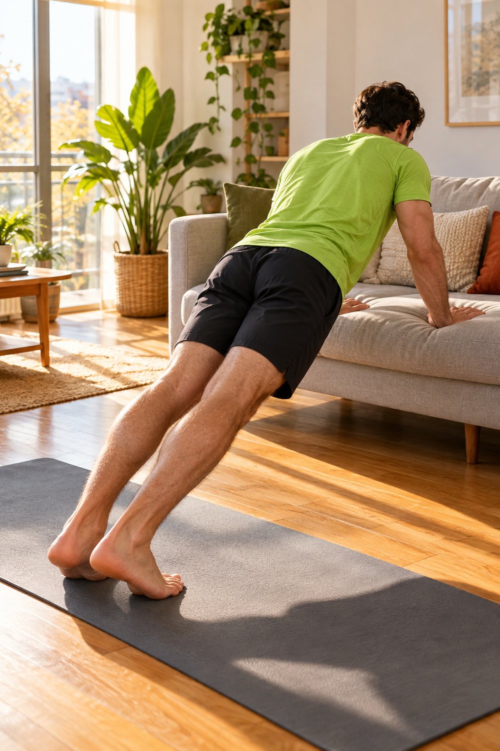 Man doing incline push-ups with his hands on a sofa seat on a grey yoga mat