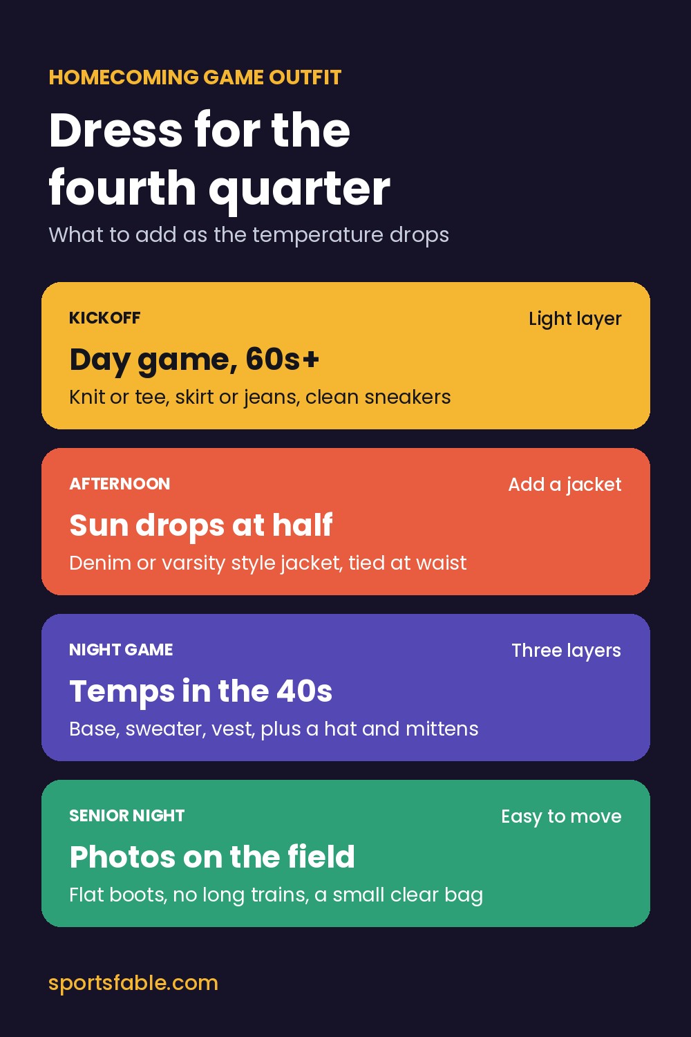 Homecoming game outfit layering guide showing what to add for day games, afternoons, night games and senior night
