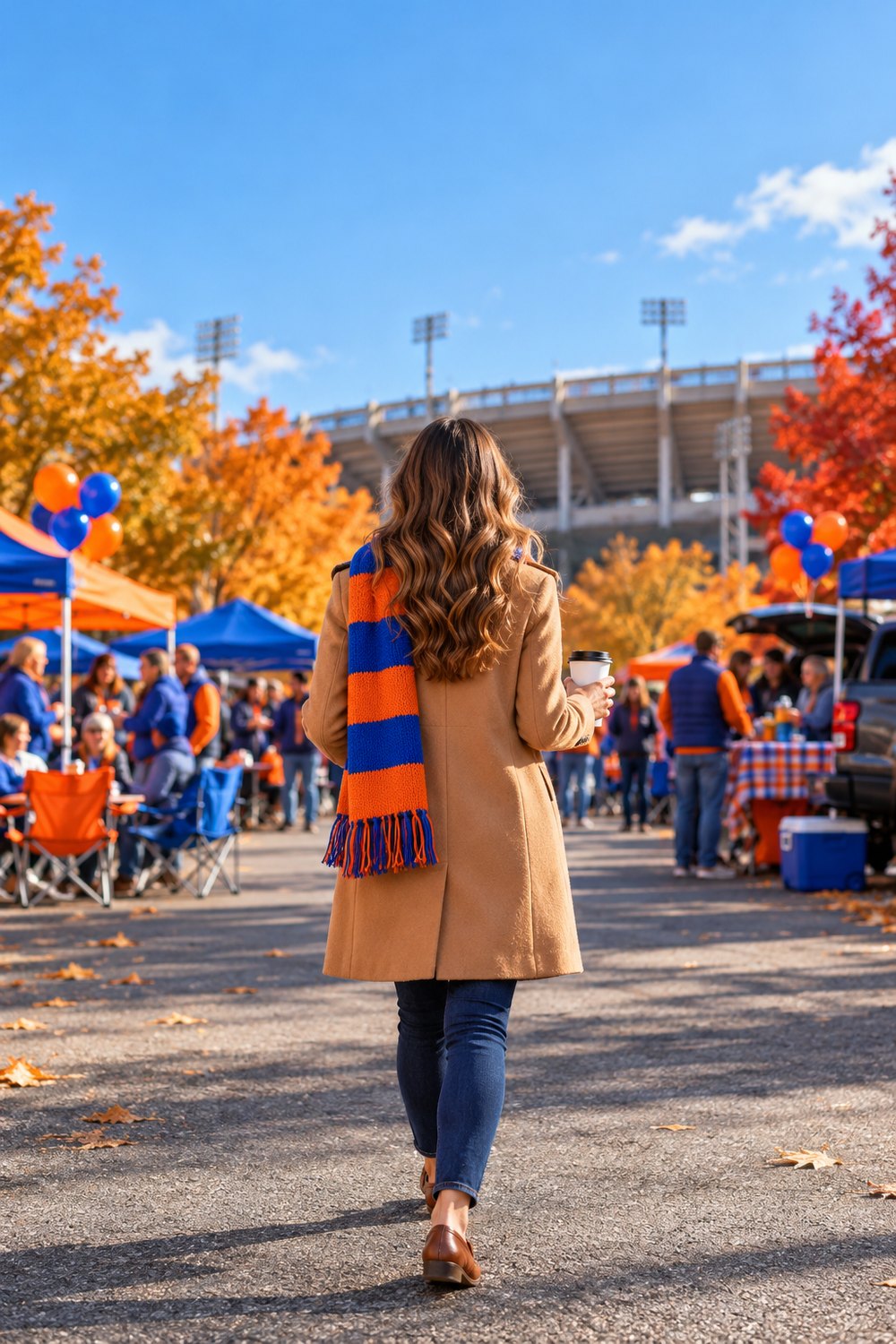 Woman seen from behind at a homecoming tailgate in a camel coat with a blue and orange striped scarf and dark jeans