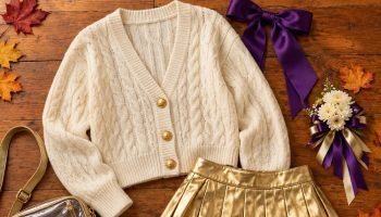 Homecoming game outfit flat lay with a cream cardigan, gold pleated skirt, purple bow, white sneakers and clear stadium bag
