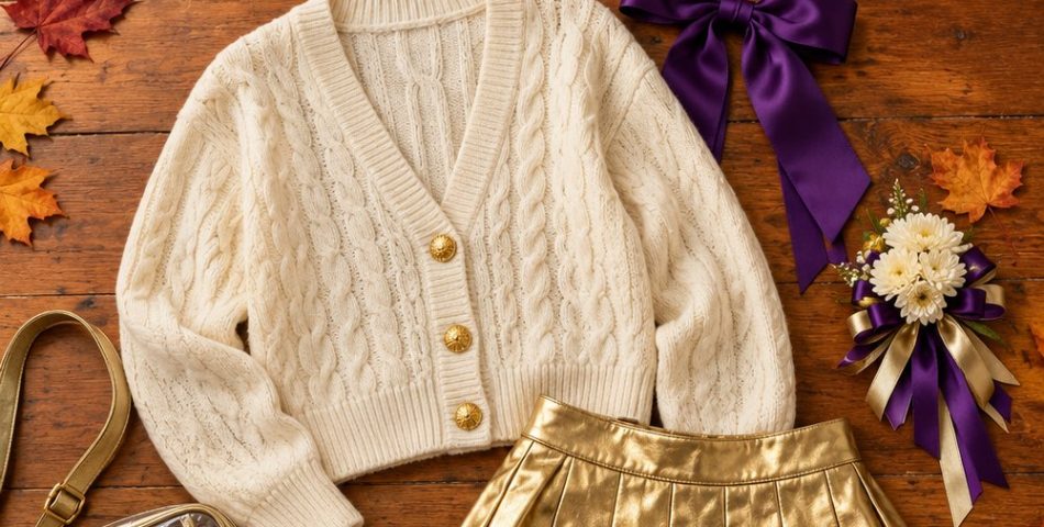Homecoming game outfit flat lay with a cream cardigan, gold pleated skirt, purple bow, white sneakers and clear stadium bag
