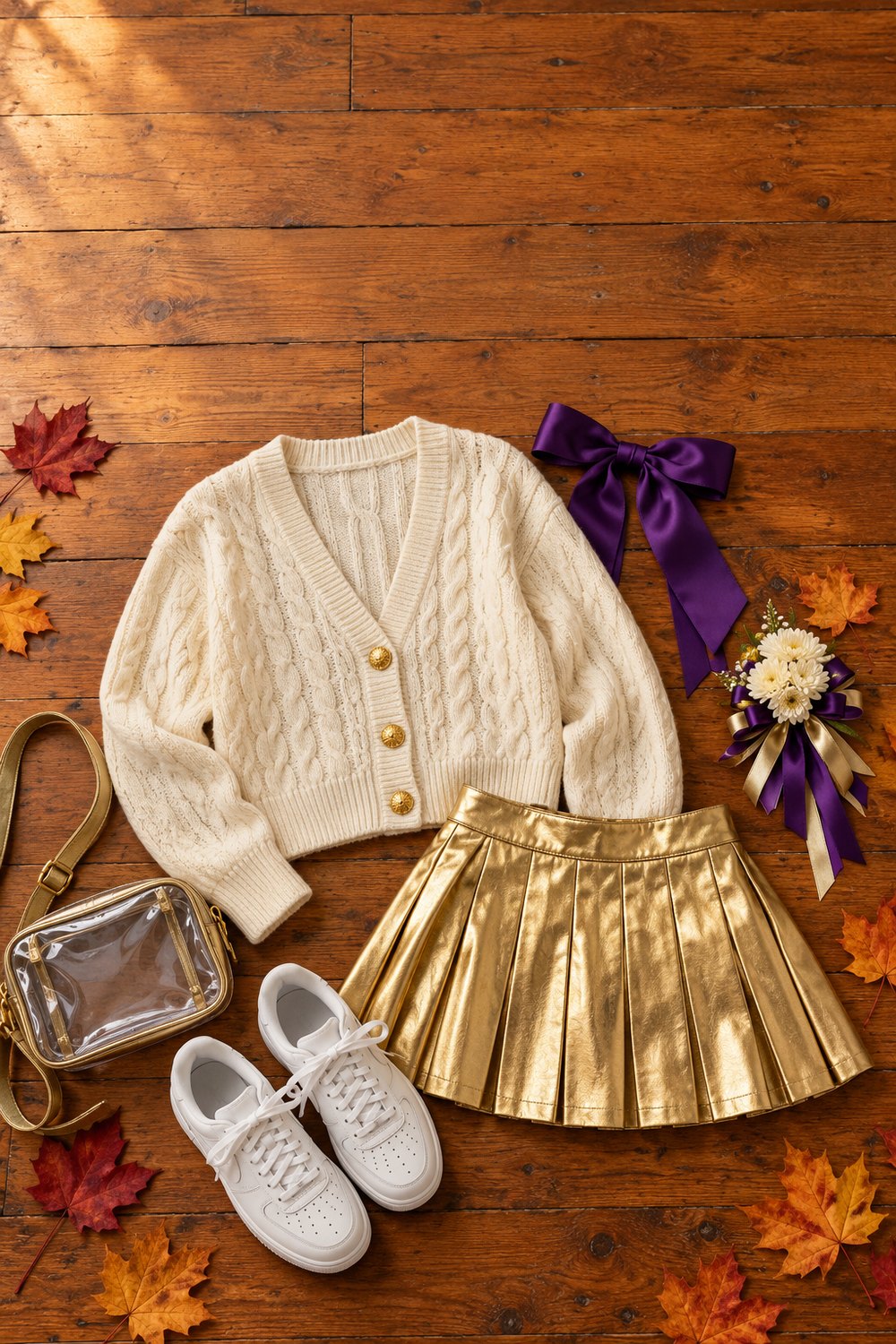 Homecoming game outfit flat lay with a cream cardigan, gold pleated skirt, purple bow, white sneakers and clear stadium bag