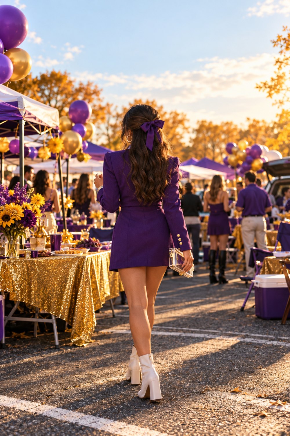 A woman seen from behind at a homecoming tailgate in a purple blazer dress, purple hair bow, gold hoops and white block-heel boots, carrying a clear clutch past purple and gold balloons and a gold sequin table
