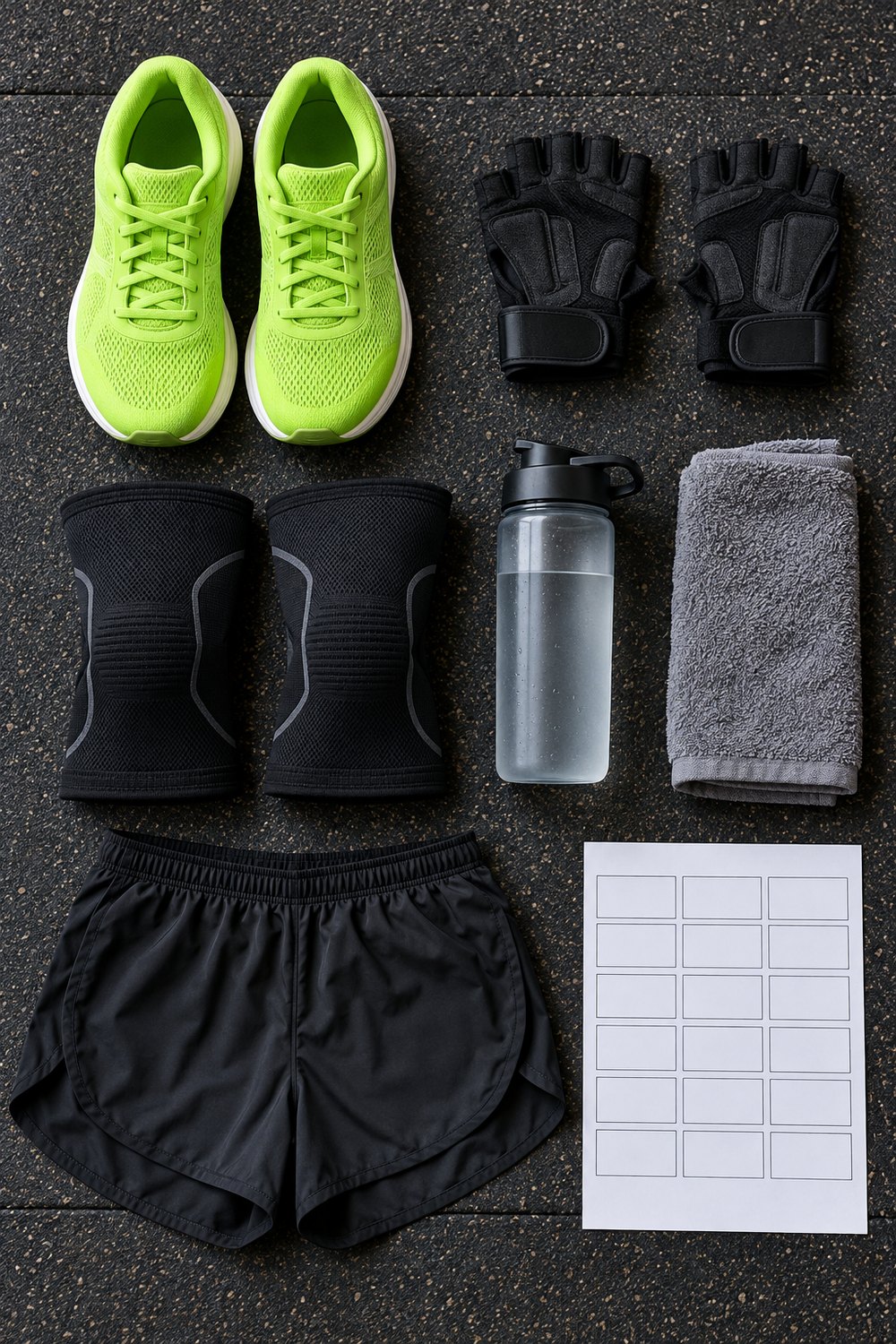 Flat lay of lime running shoes, workout gloves, knee sleeves, water bottle, shorts, towel and a blank training plan