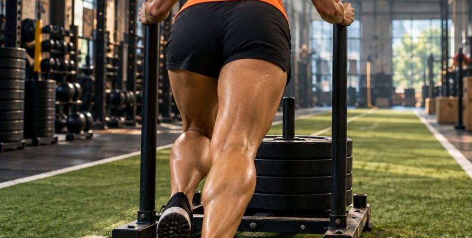 Athlete pushing a heavy weight sled down a green turf lane in an industrial gym