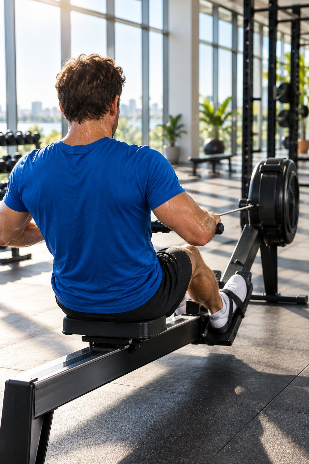 Man in a blue t-shirt rowing hard on an indoor rowing machine in a bright gym