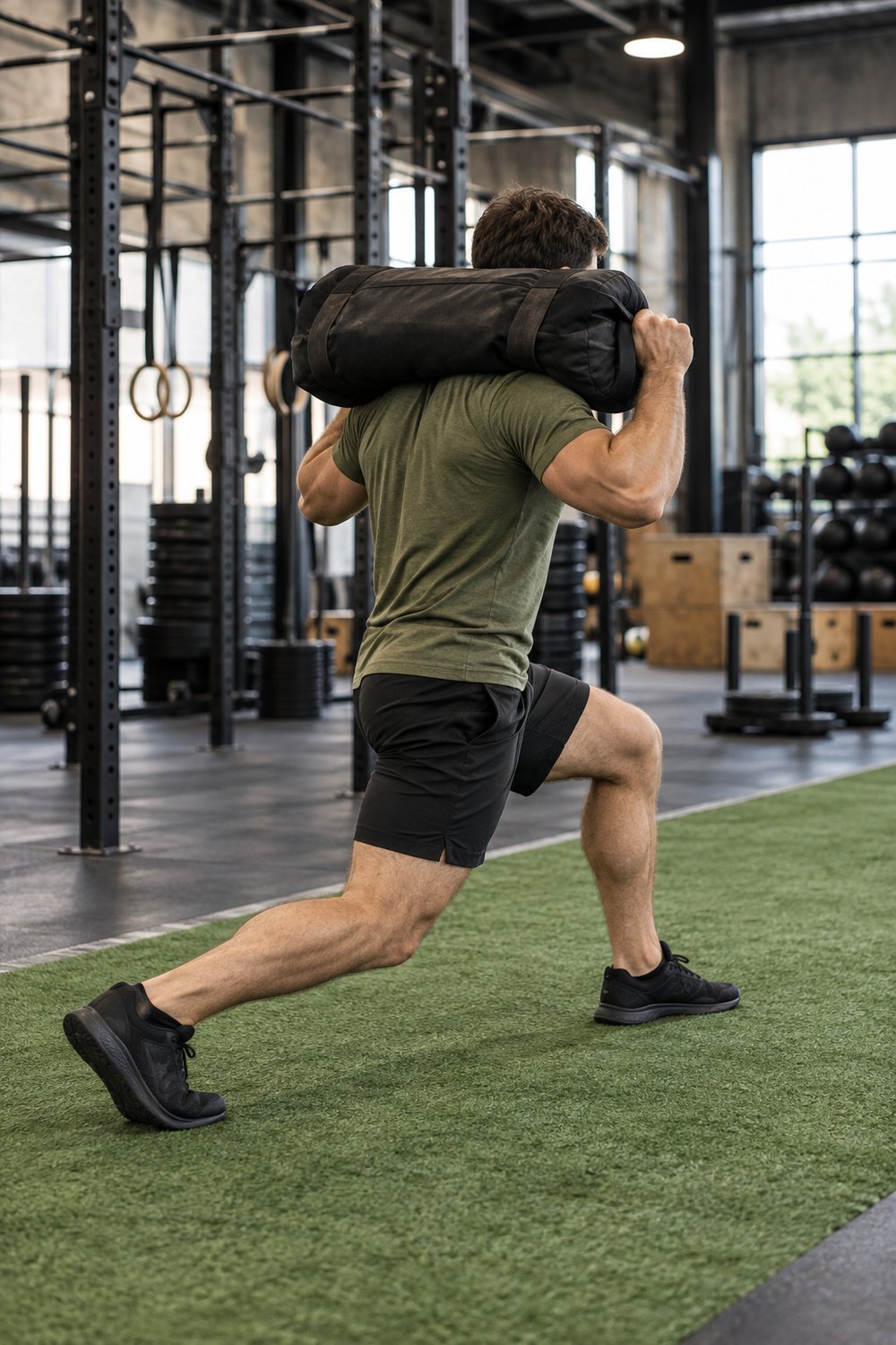Man doing walking lunges with a sandbag across his shoulders on a turf lane