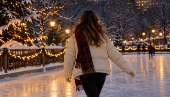 Skater seen from behind on an outdoor city rink at dusk in a cream puffer jacket, red plaid scarf, black leggings and white skates