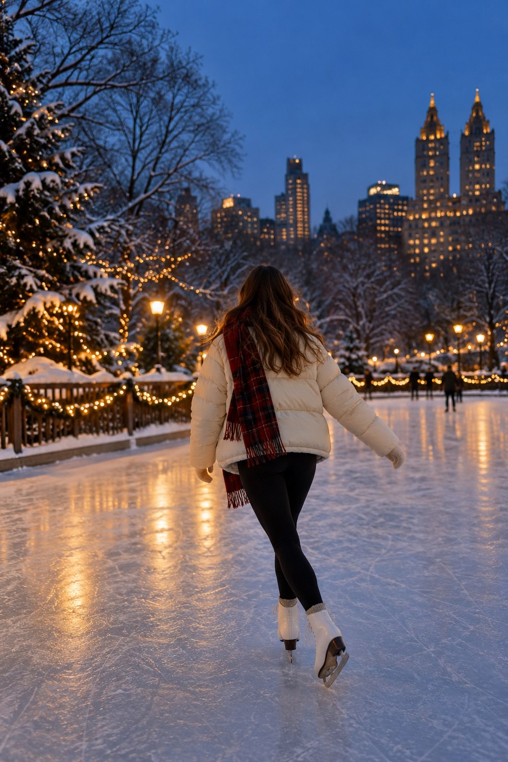 Skater seen from behind on an outdoor city rink at dusk in a cream puffer jacket, red plaid scarf, black leggings and white skates