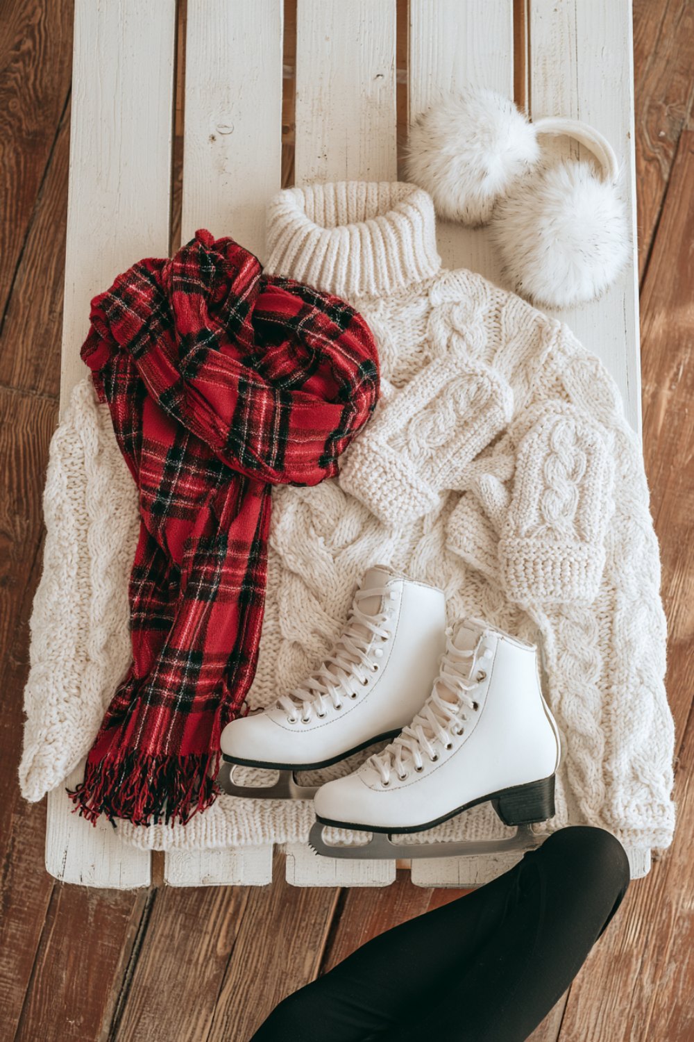 Ice skating outfit flat lay: white figure skates, cream turtleneck sweater, red plaid scarf, mittens and earmuffs