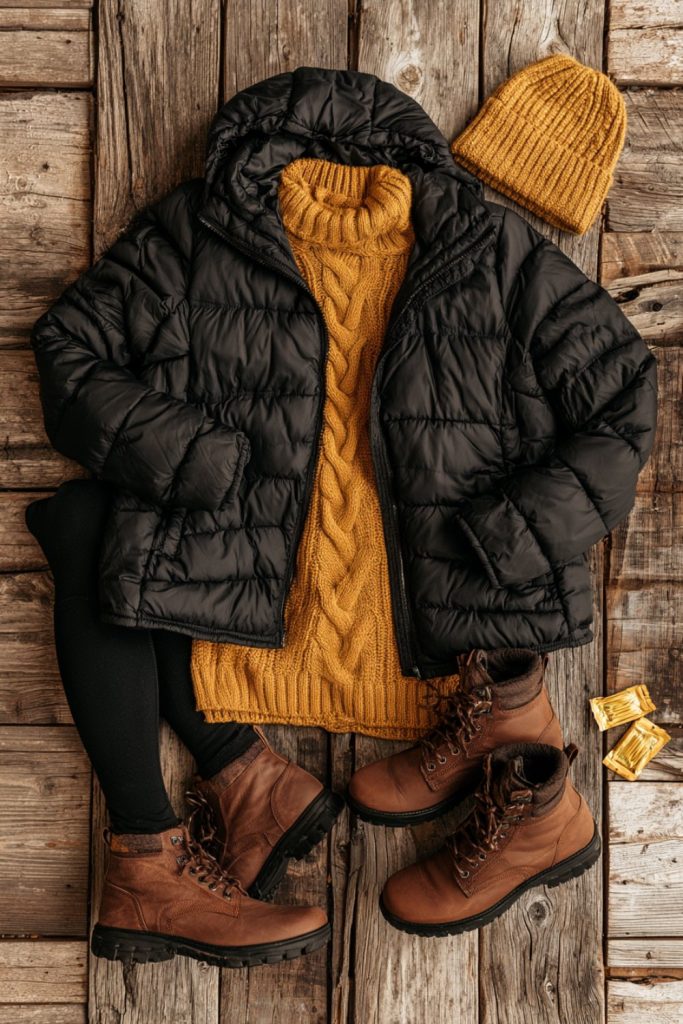 Flat lay of a black puffer jacket, gold knit sweater, black leggings and brown boots