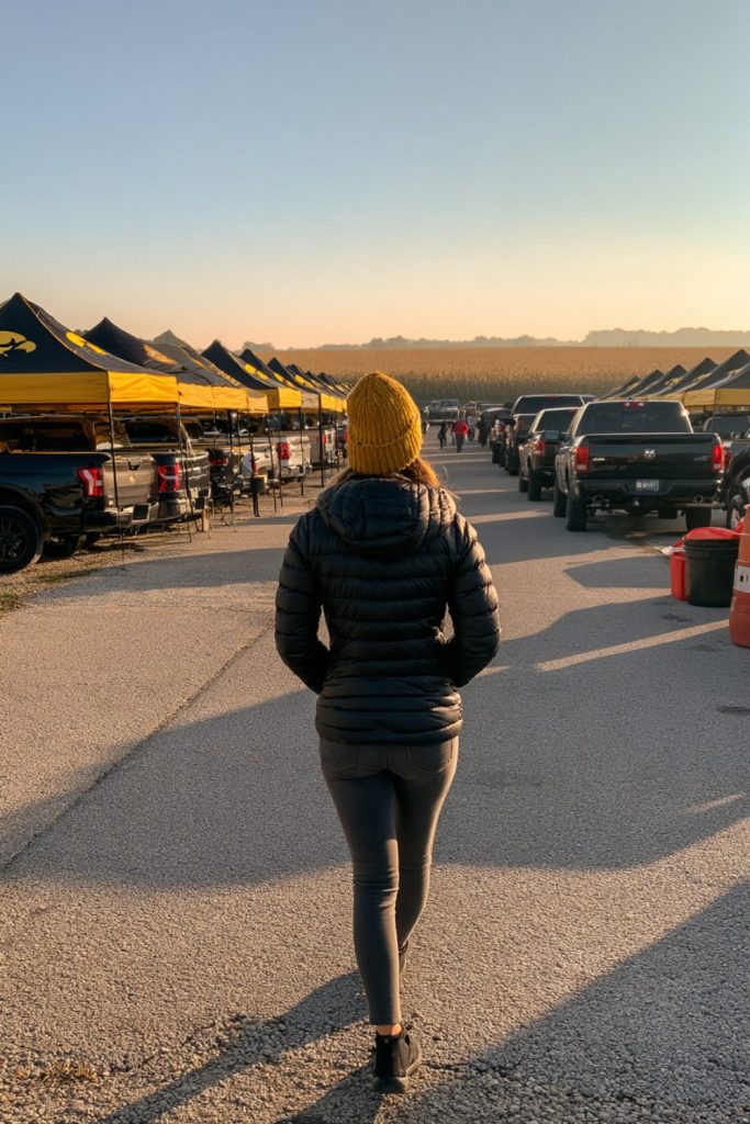 Fan seen from behind walking through a tailgate lot with black and gold tents at golden hour