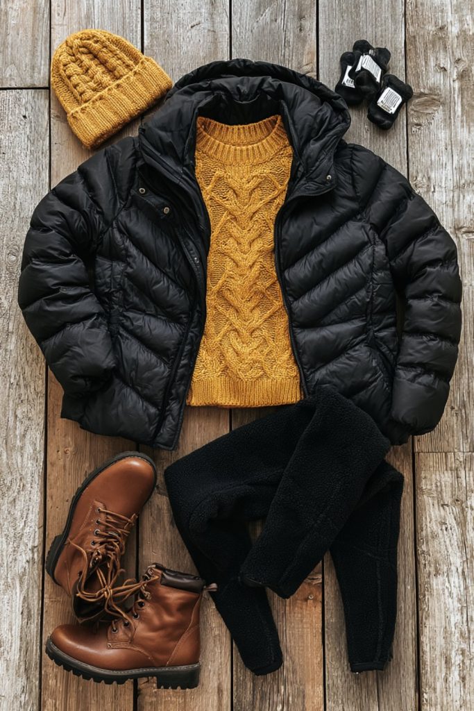 Black puffer and mustard gold sweater laid out with brown lace-up boots and a gold beanie