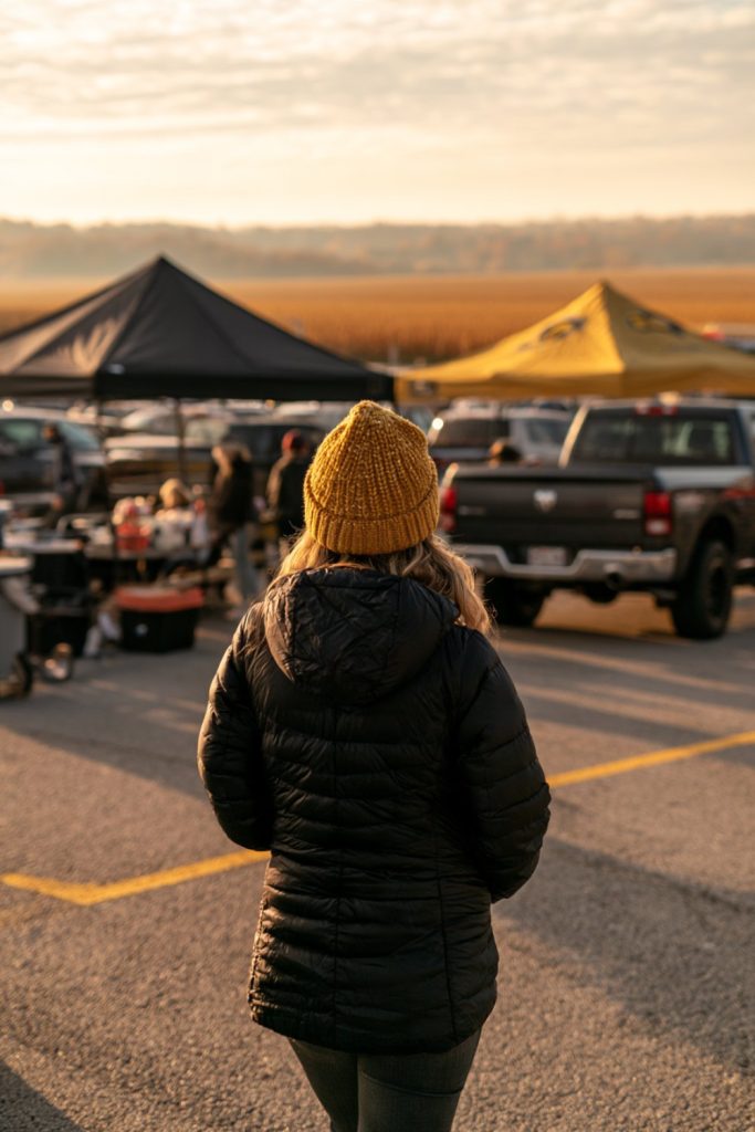 Woman in a black puffer and gold beanie seen from behind among tailgate tents and pickup trucks