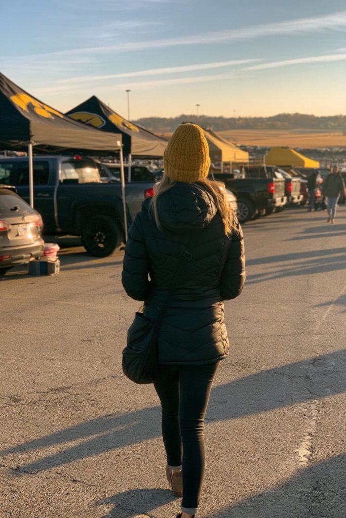 Tailgater seen from behind in black and gold walking between canopies on a cold morning
