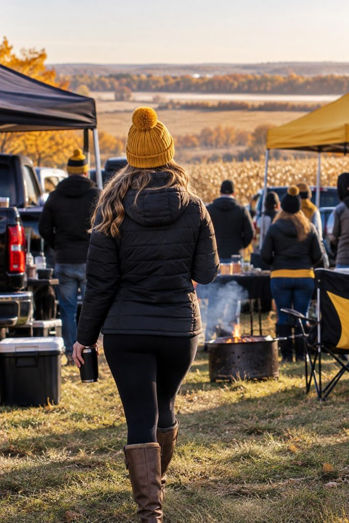 Woman seen from behind at a Midwest tailgate in a black puffer jacket and gold knit beanie