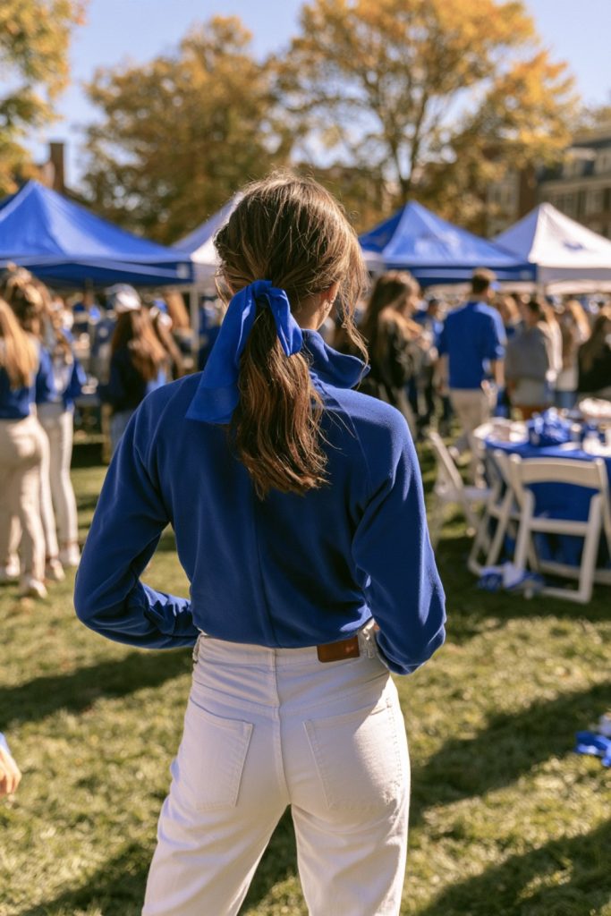 Fan seen from behind with a blue ribbon in her ponytail at a tailgate with blue and white tents