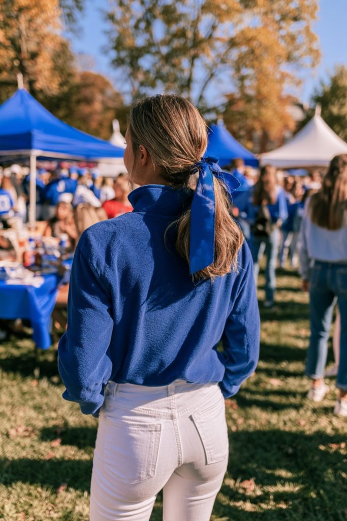 Woman in a royal blue top seen from behind among blue and white tailgate tents under autumn trees