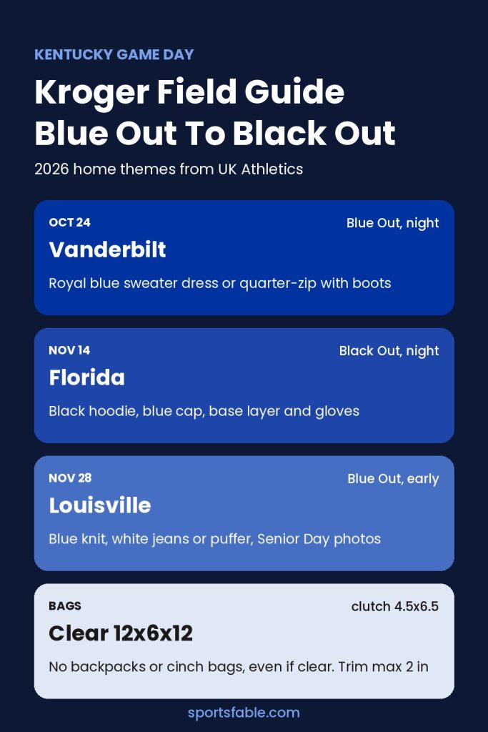 Kentucky game day guide card listing remaining 2026 Kroger Field home games with stadium themes, outfit ideas and clear bag rules