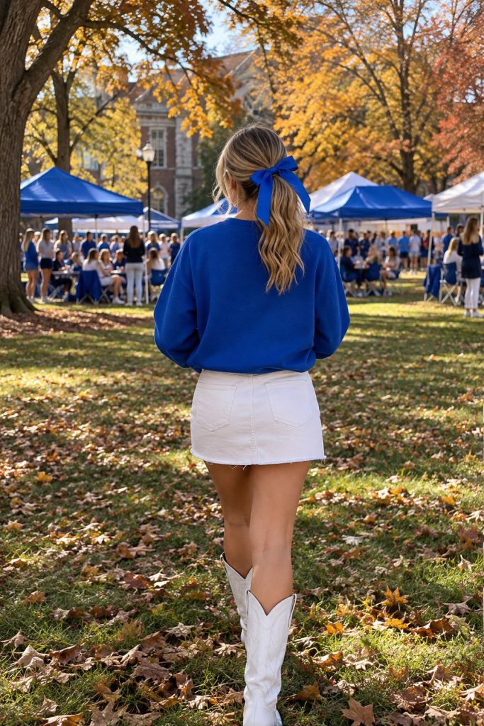 Woman seen from behind on a campus lawn in a royal blue sweatshirt, white skirt and white western boots