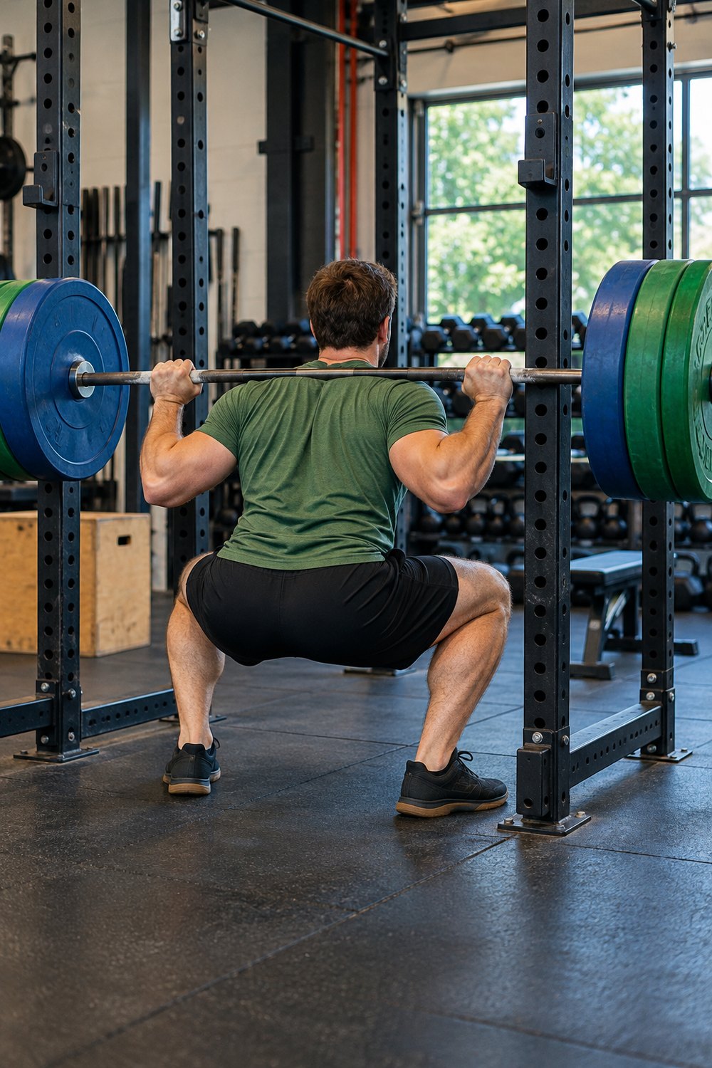 Man in a green t-shirt performing a barbell back squat in a squat rack