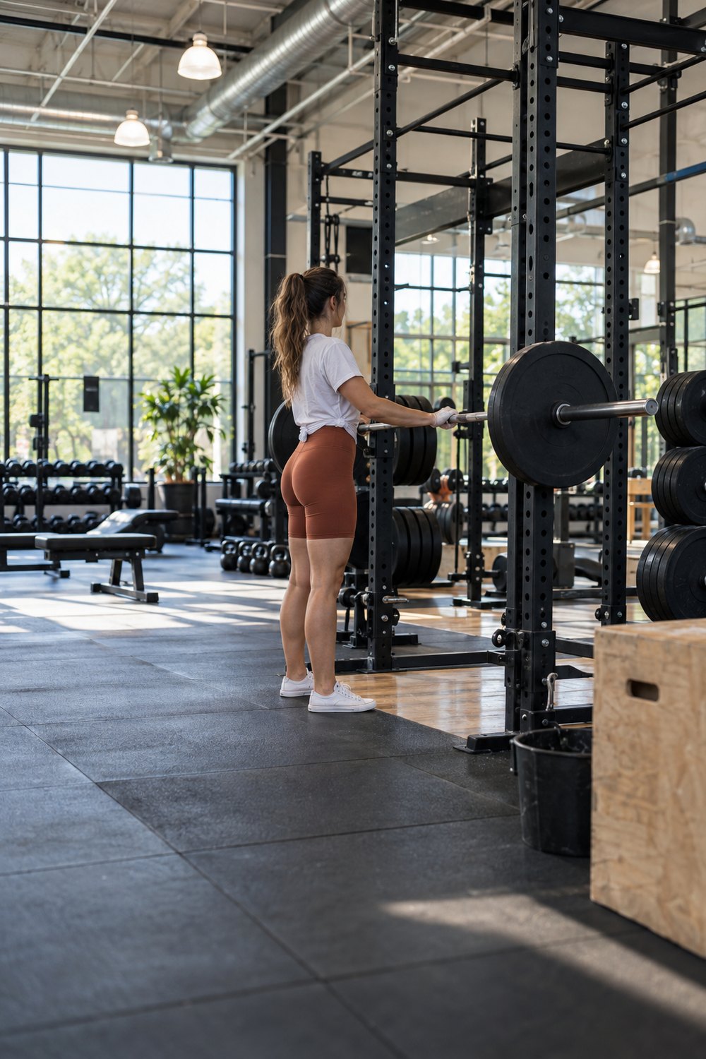 Woman in terracotta biker shorts, a knotted white tee and flat white sneakers at a squat rack