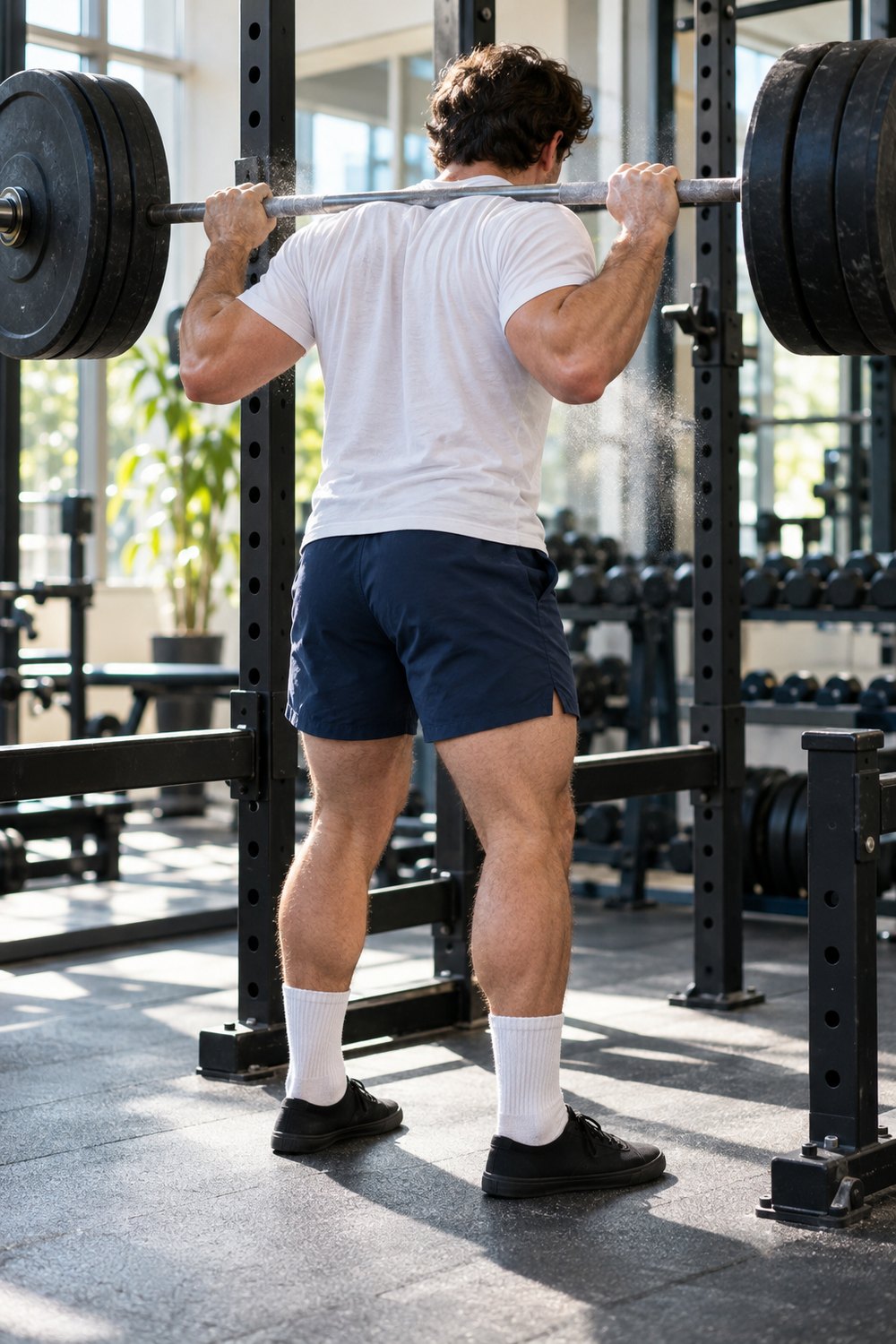 Man in navy shorts, a white tee, tall white socks and flat black shoes with a barbell across his back in a squat rack