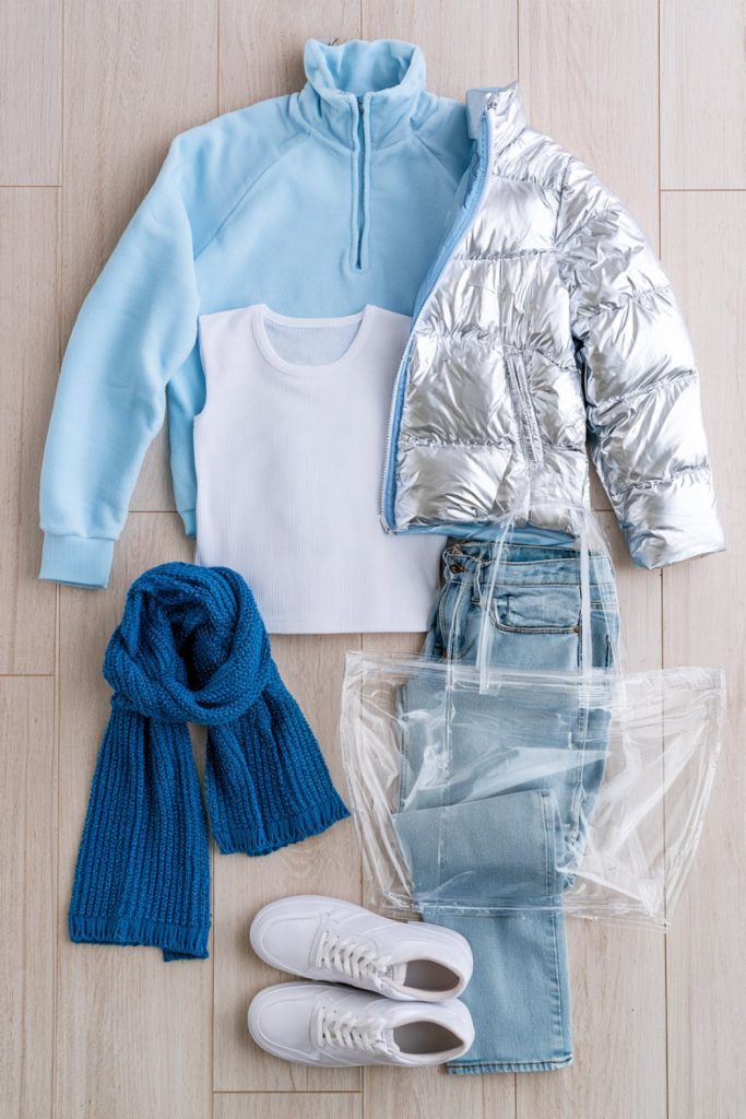 Flat lay of a light blue quarter zip, silver puffer jacket, white thermal, jeans and blue scarf