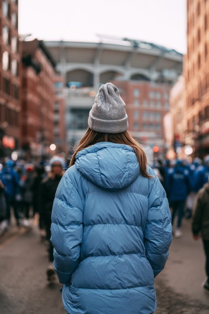 Woman in a light blue puffer jacket and grey beanie walking toward a downtown stadium, seen from behind