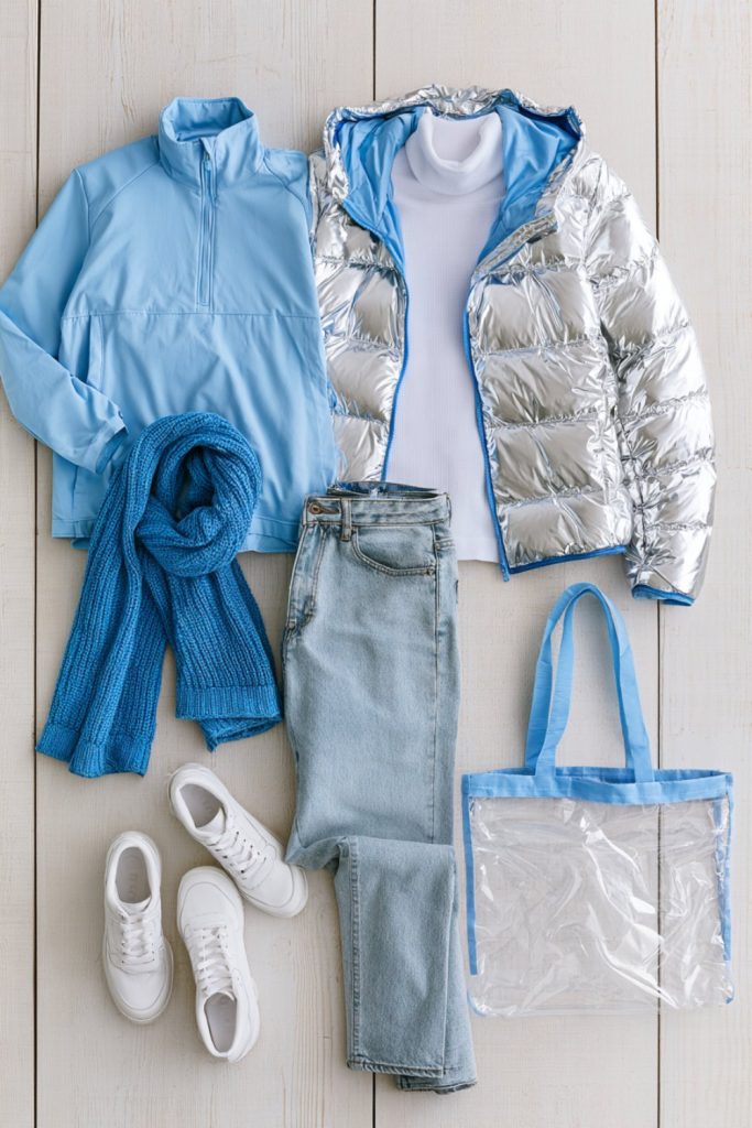 Honolulu blue and silver layers with a clear stadium tote on light wood