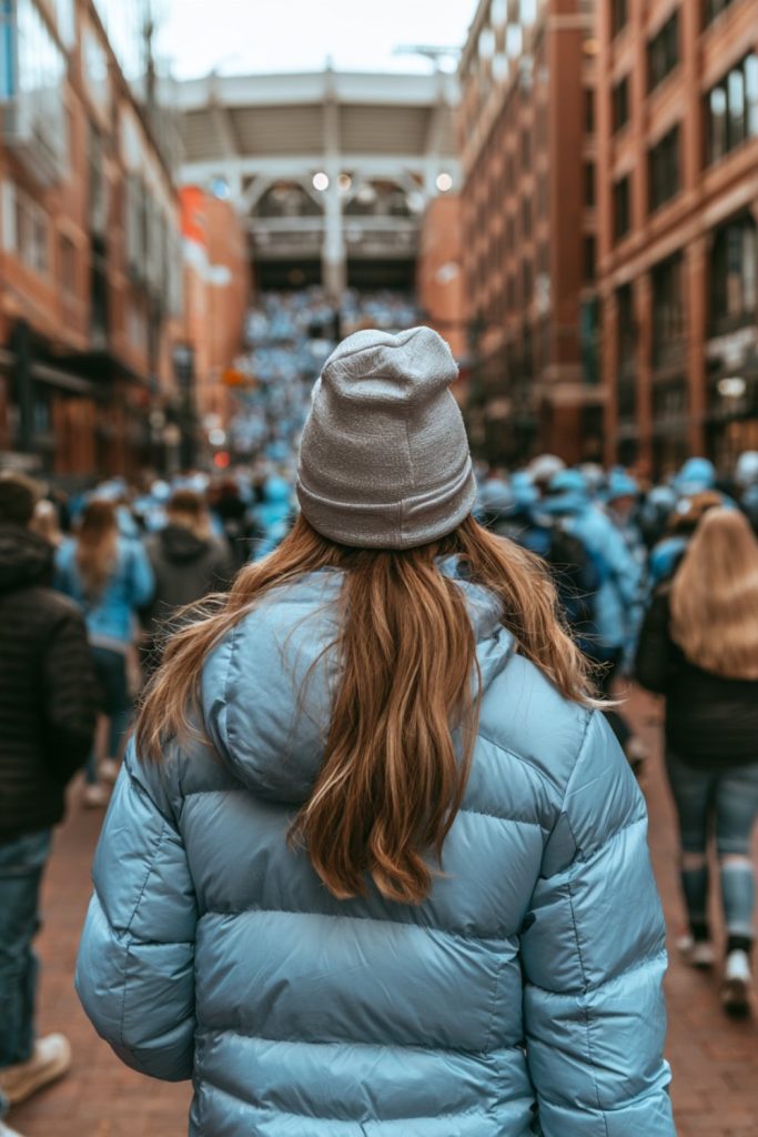 Crowd in blue heading to a Sunday game on a brick downtown street, fan in a puffer seen from behind