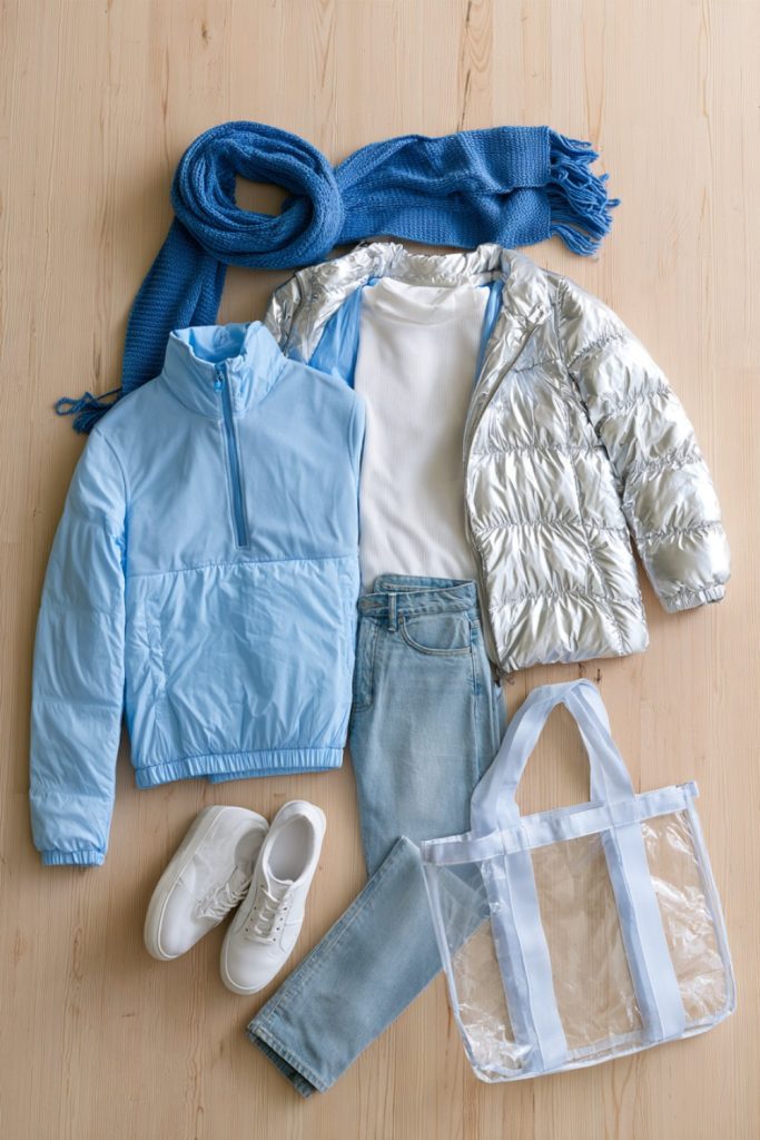 Blue quarter zip, silver puffer and blue scarf ready for a cold walk to the dome