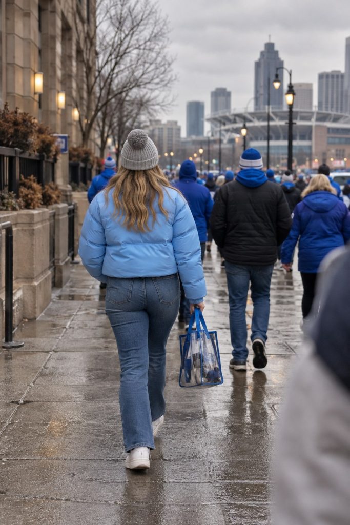 Fan in a light blue puffer and grey beanie carrying a clear bag on a wet downtown street, seen from behind