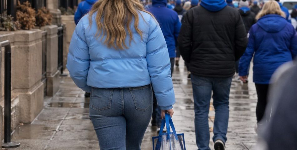 Fan in a light blue puffer and grey beanie carrying a clear bag on a wet downtown street, seen from behind