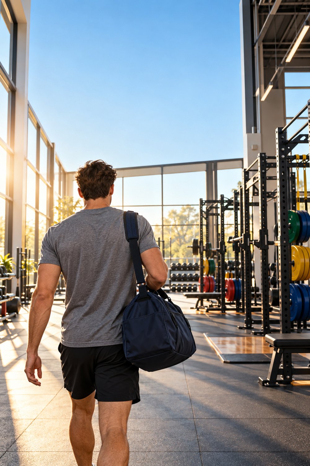 Man seen from behind carrying a navy duffel gym bag into a bright gym with squat racks