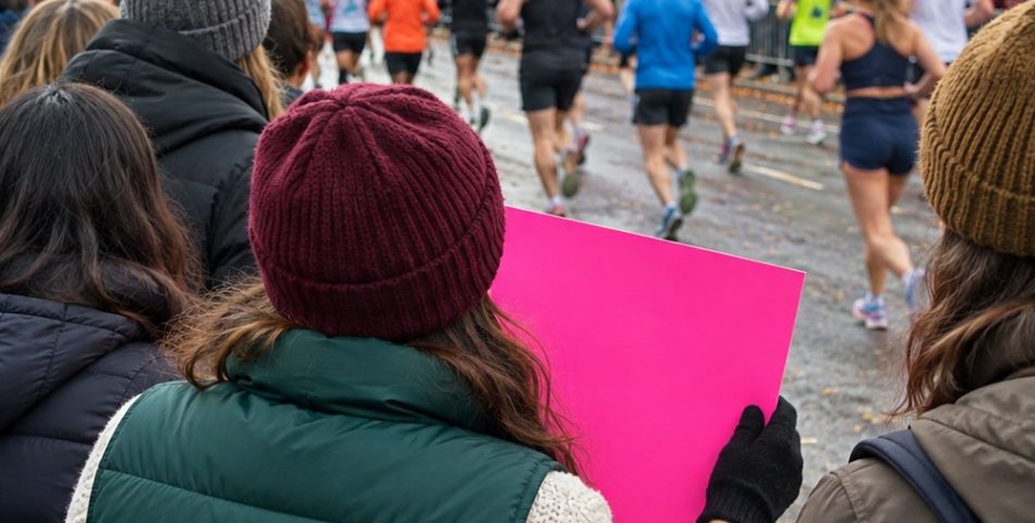 Spectators seen from behind along an autumn city marathon course, one in an emerald puffer vest holding a bright pink sign
