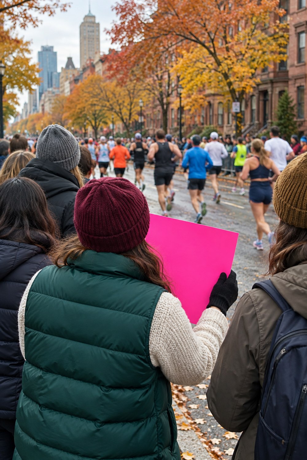 Spectators seen from behind along an autumn city marathon course, one in an emerald puffer vest holding a bright pink sign