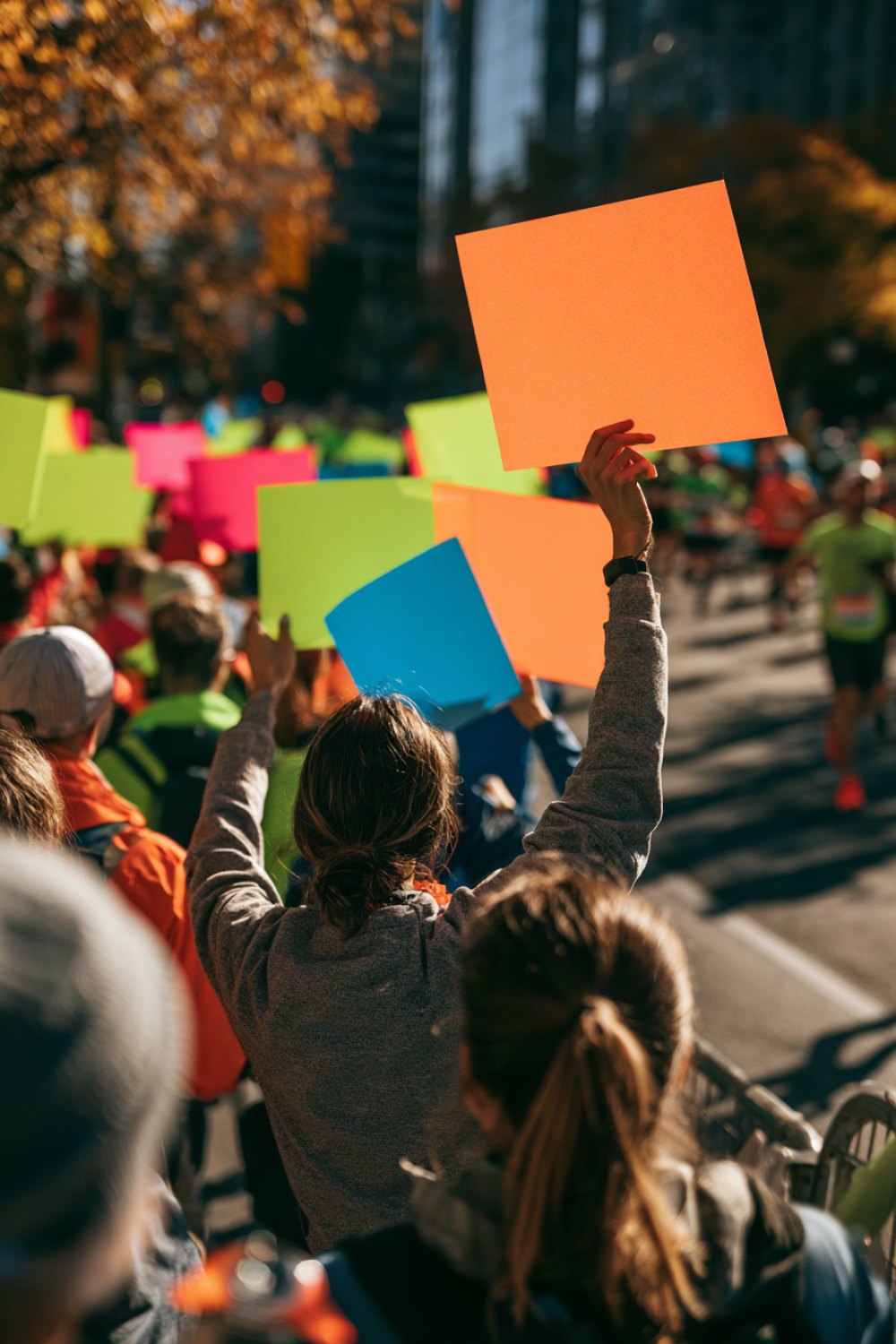 Spectators seen from behind holding bright blank signs along a city marathon course