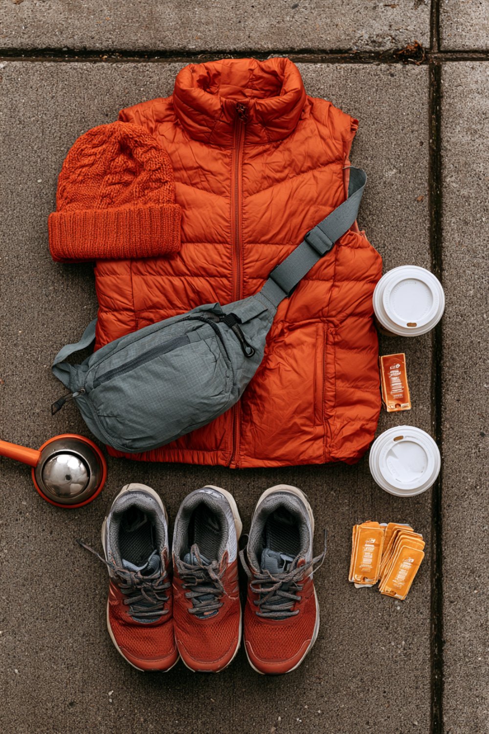 Marathon spectator outfit flat lay on a sidewalk: orange puffer, crossbody bag, sneakers and coffee